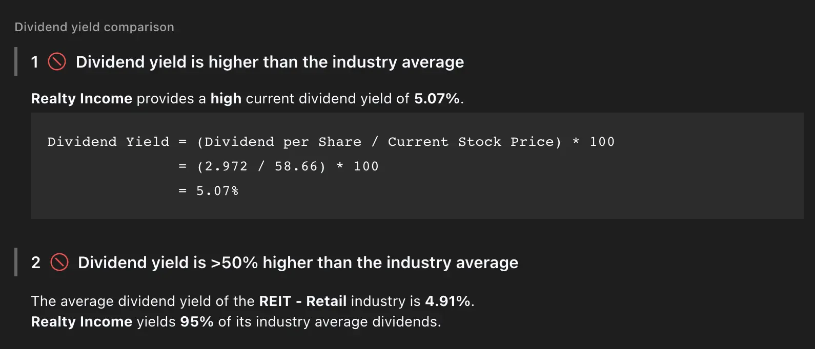 Dividend Yield comparison of Realty Income (O) to its industry REIT - Retail